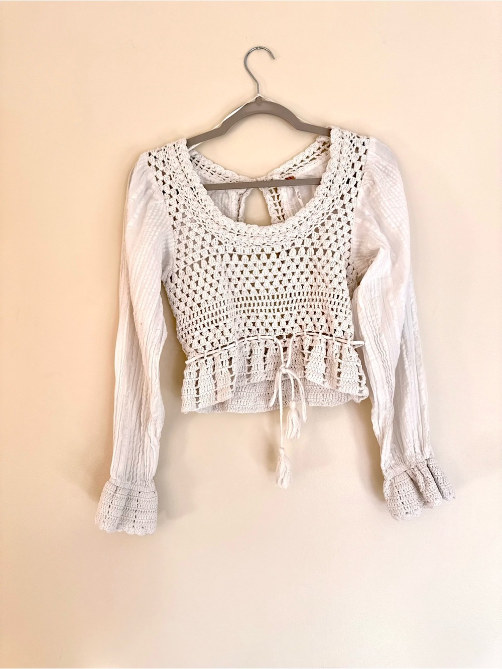 Free People Megan Crochet Top Ivory Boho Long Sleeve Blouse